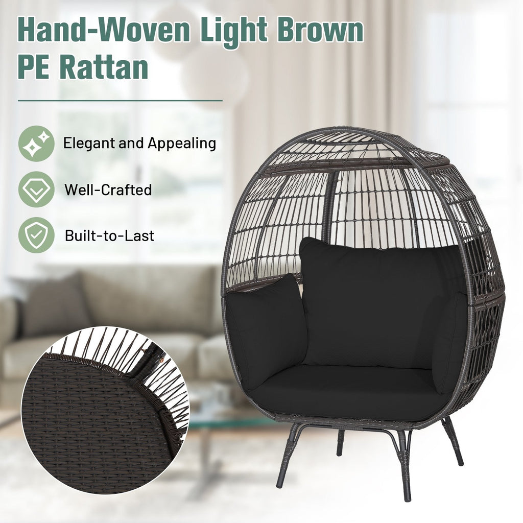 Sillón tipo huevo de mimbre extragrande con 4 cojines y capacidad de 450 lb, negro