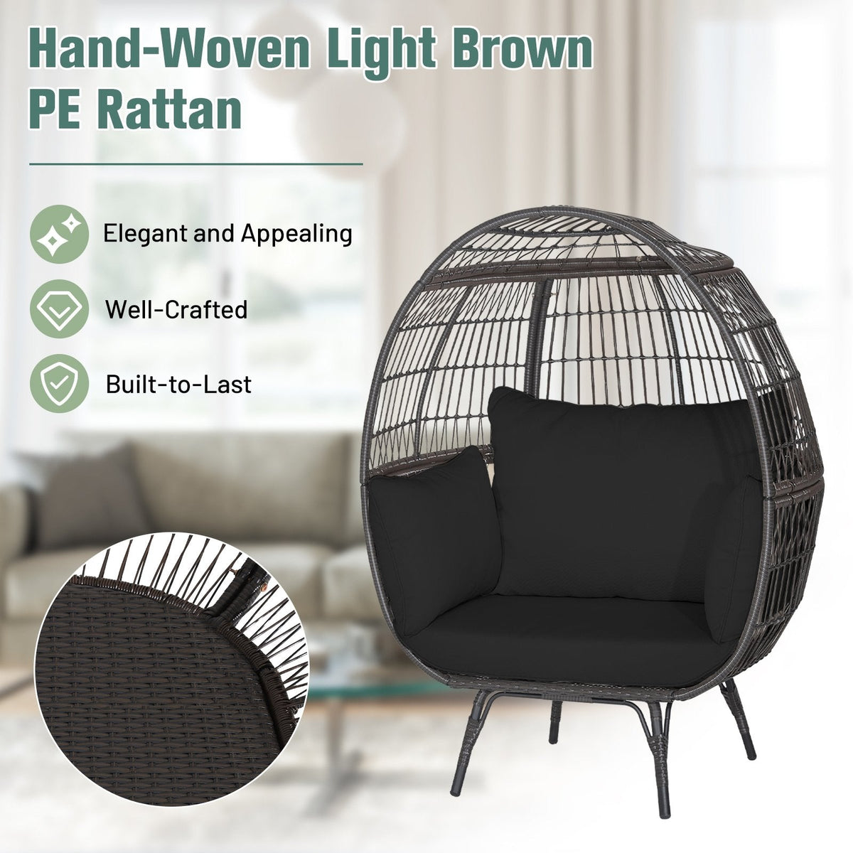 Sillón tipo huevo de mimbre extragrande con 4 cojines y capacidad de 450 lb, negro