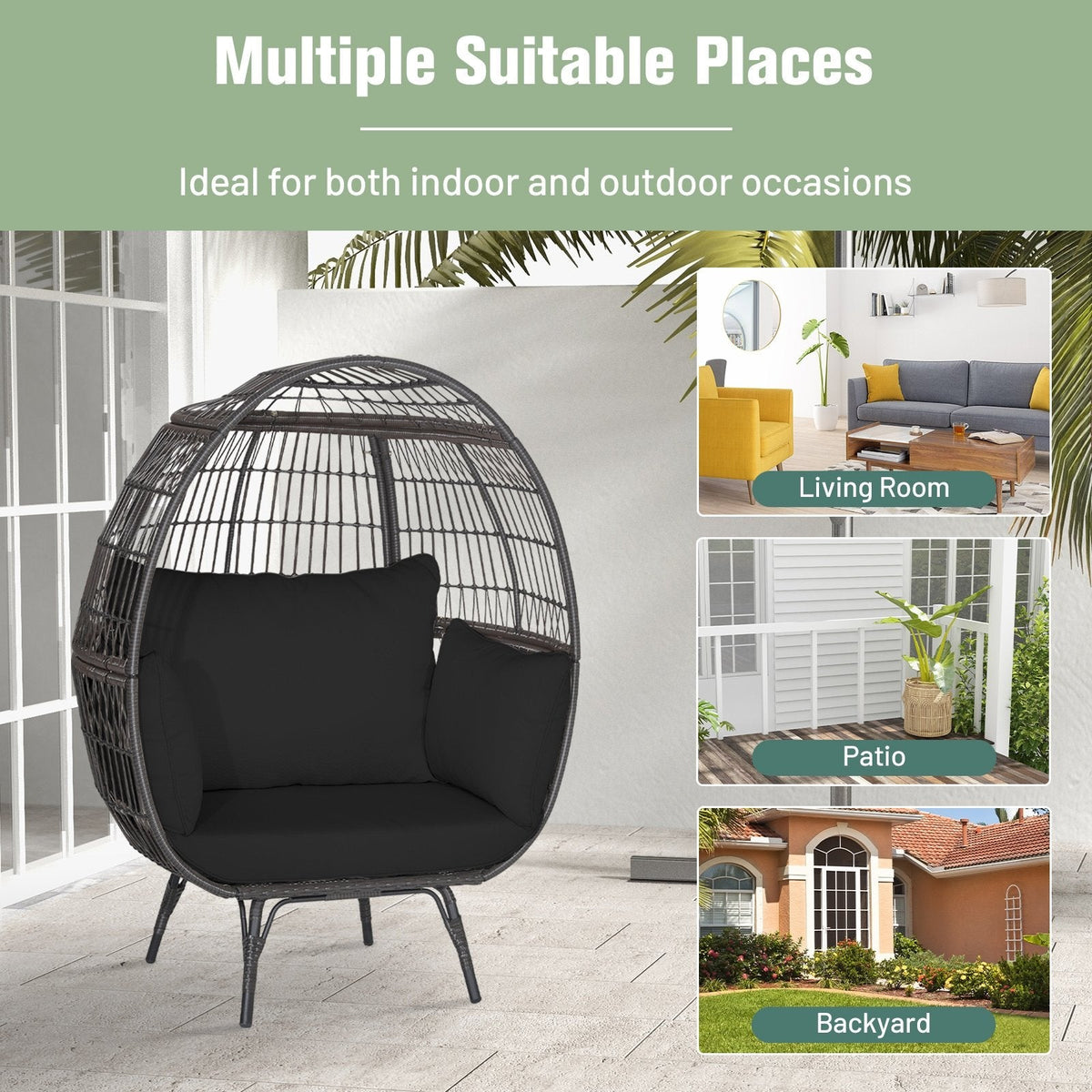 Sillón tipo huevo de mimbre extragrande con 4 cojines y capacidad de 450 lb, negro