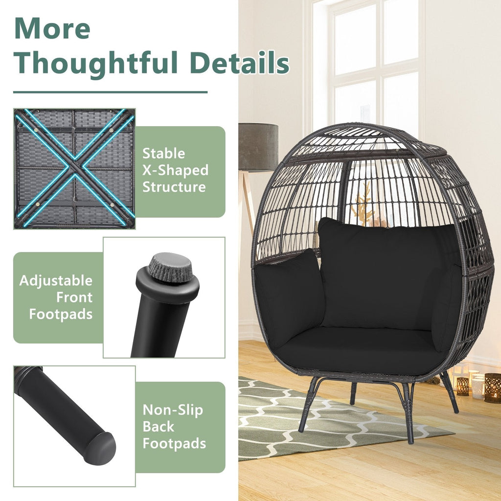 Sillón tipo huevo de mimbre extragrande con 4 cojines y capacidad de 450 lb, negro