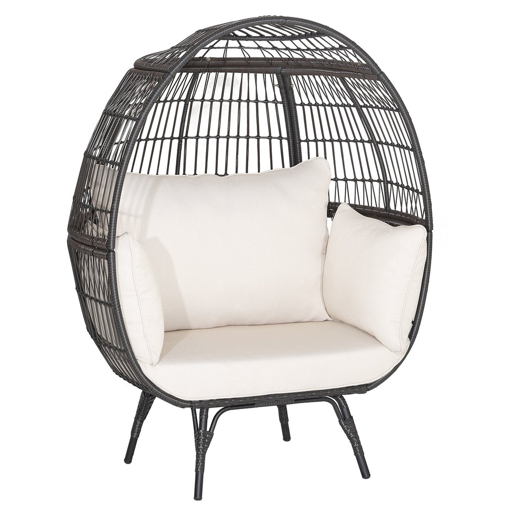 Übergroßer Lounge-Eierstuhl aus Korbgeflecht mit 4 cremeweißen Kissen, braunes Rattan