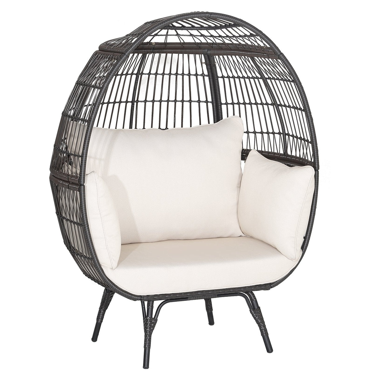 Übergroßer Lounge-Eierstuhl aus Korbgeflecht mit 4 cremeweißen Kissen, braunes Rattan