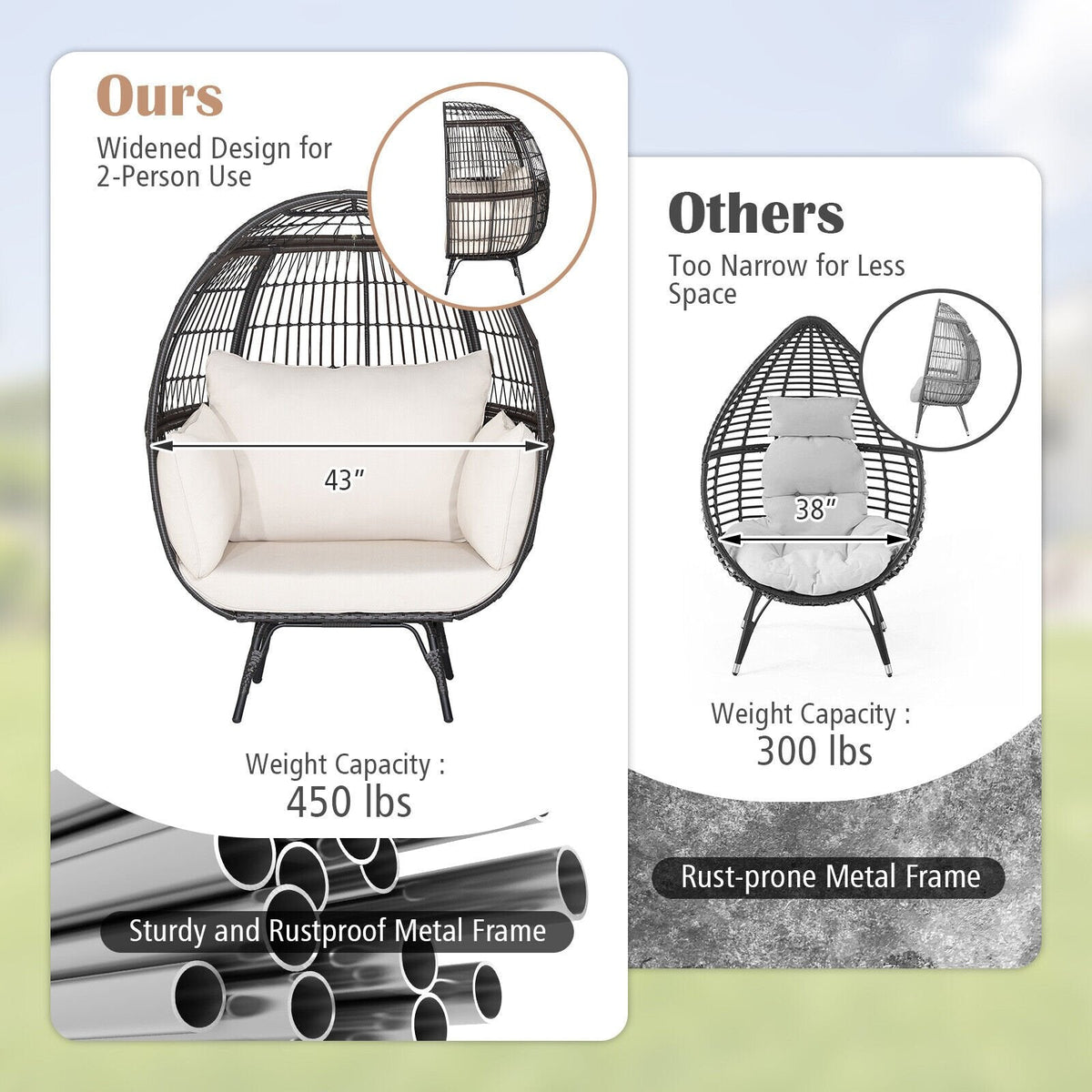 Übergroßer Lounge-Eierstuhl aus Korbgeflecht mit 4 cremeweißen Kissen, braunes Rattan