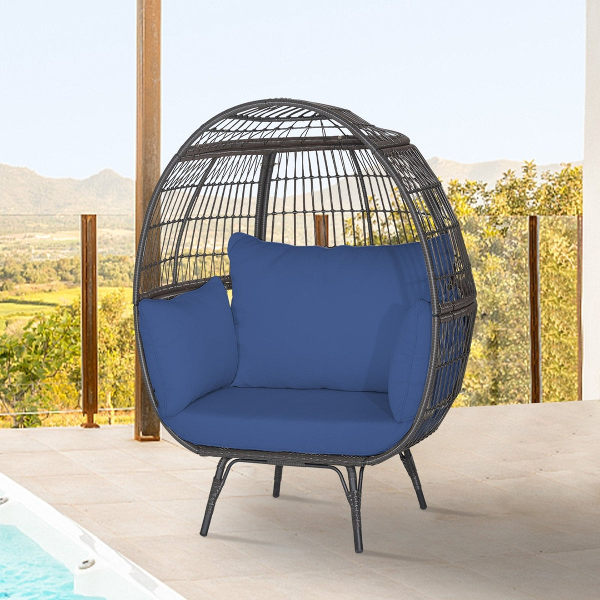 Fauteuil œuf surdimensionné en osier avec 4 coussins bleu marine, hauteur 145 cm