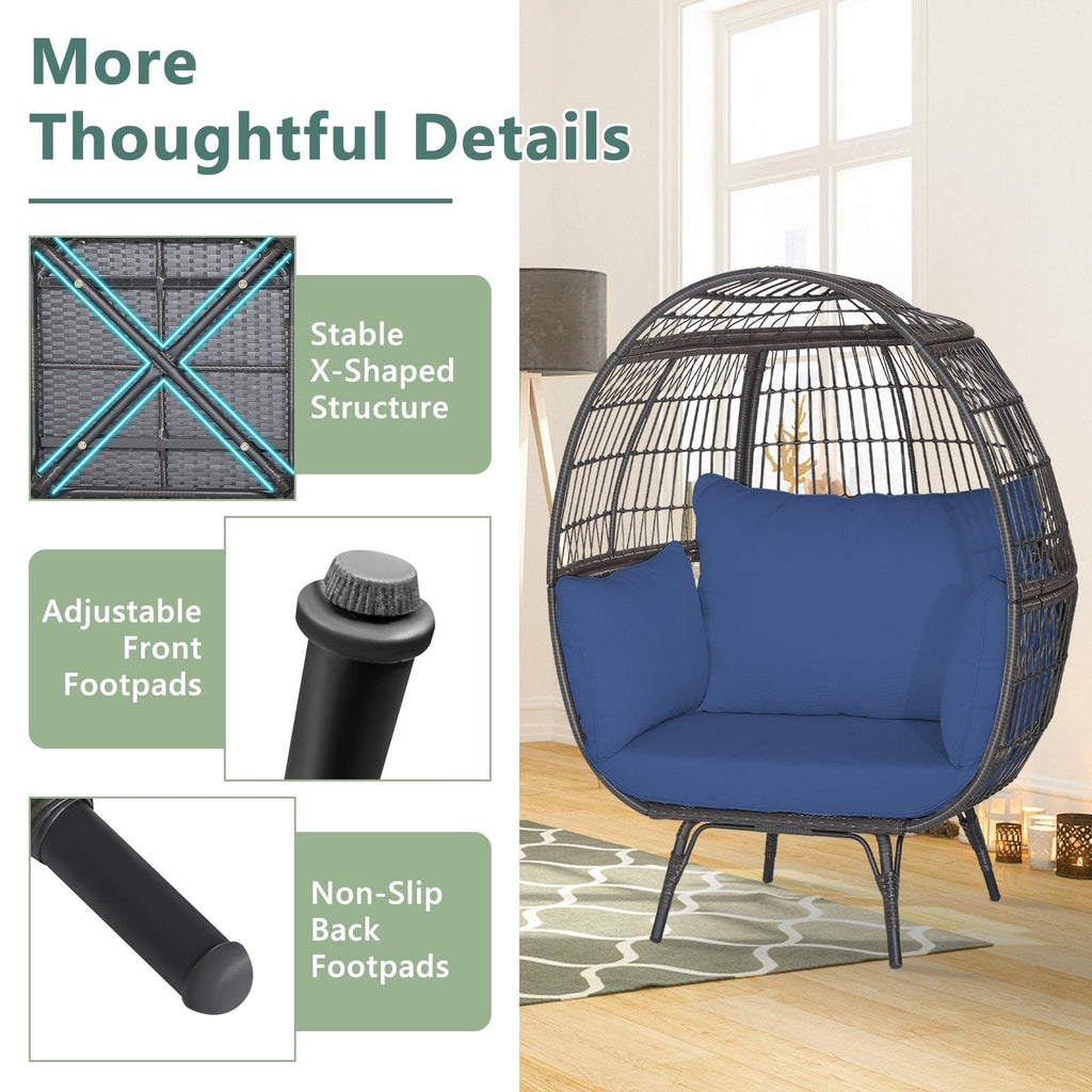 Fauteuil œuf surdimensionné en osier avec 4 coussins bleu marine, hauteur 145 cm