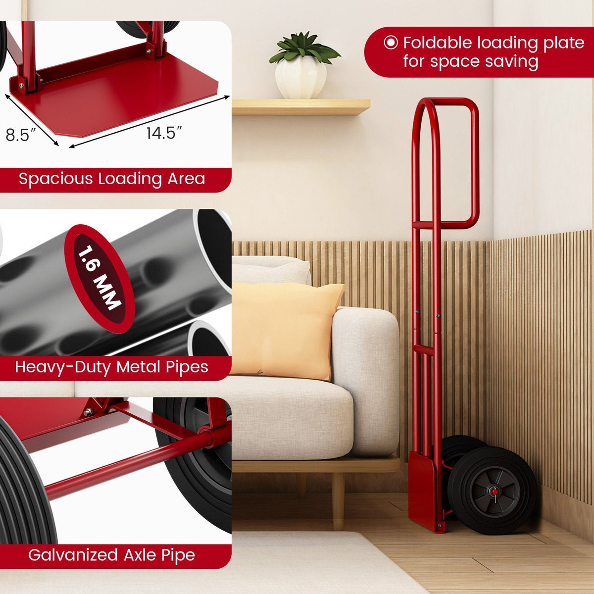 Carretilla de mano con asa P, ruedas de 10 pulgadas y plataforma de carga plegable - Roja