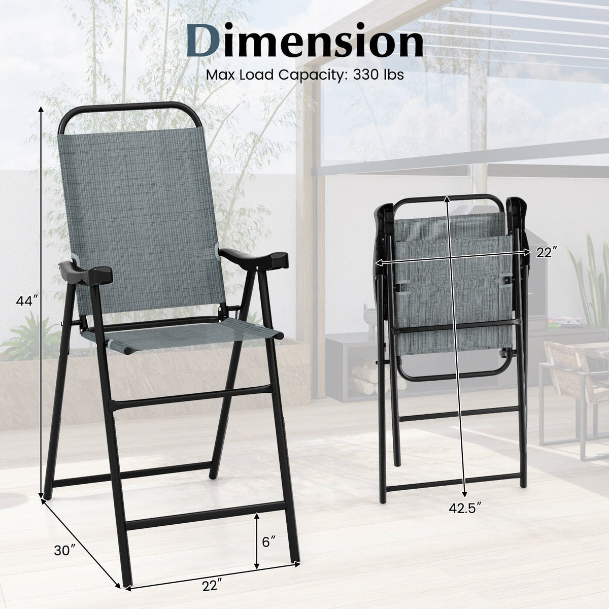Ensemble de 2 tabourets de bar pliants de patio avec cadre en métal et repose-pieds - Bleu