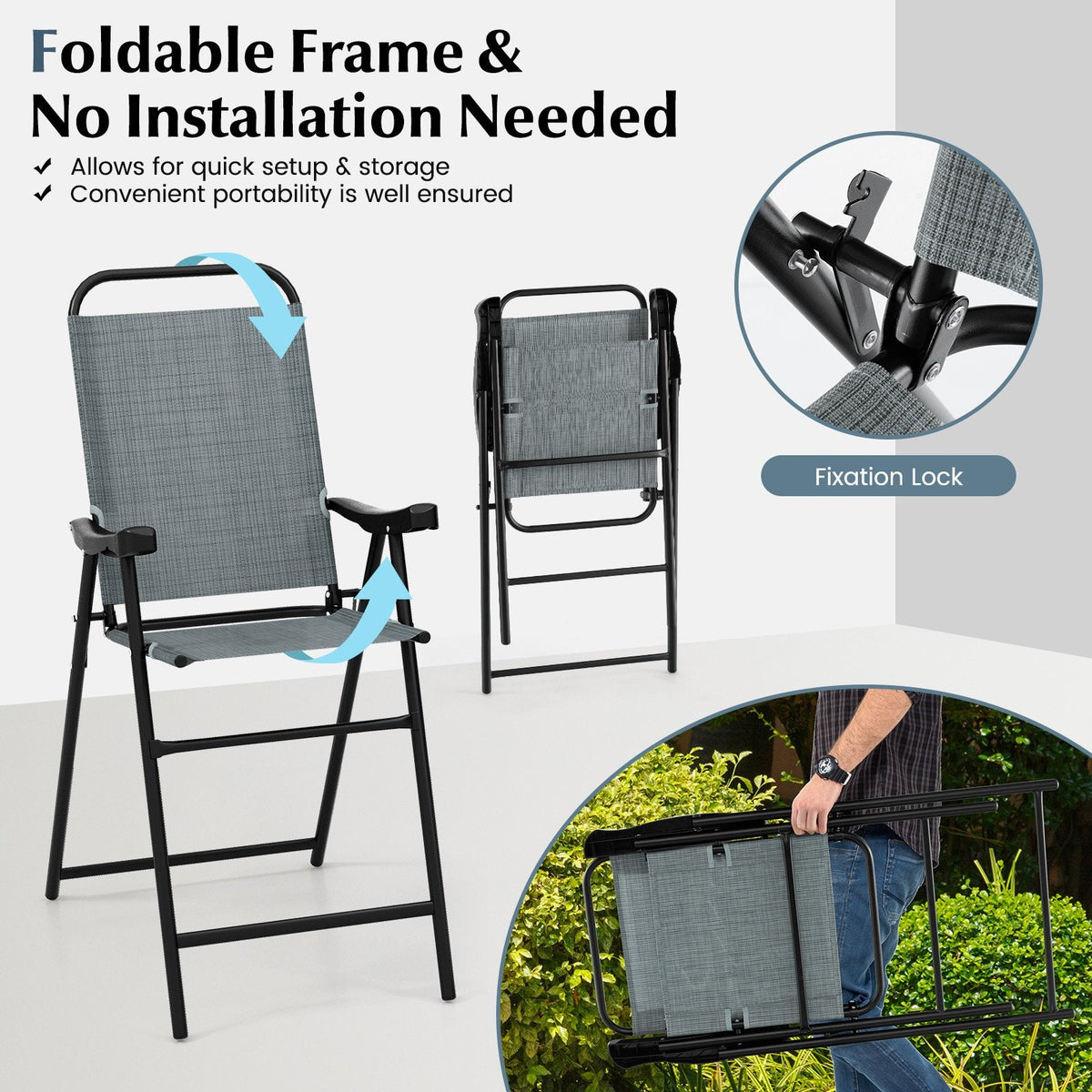 Ensemble de 2 tabourets de bar pliants de patio avec cadre en métal et repose-pieds - Bleu