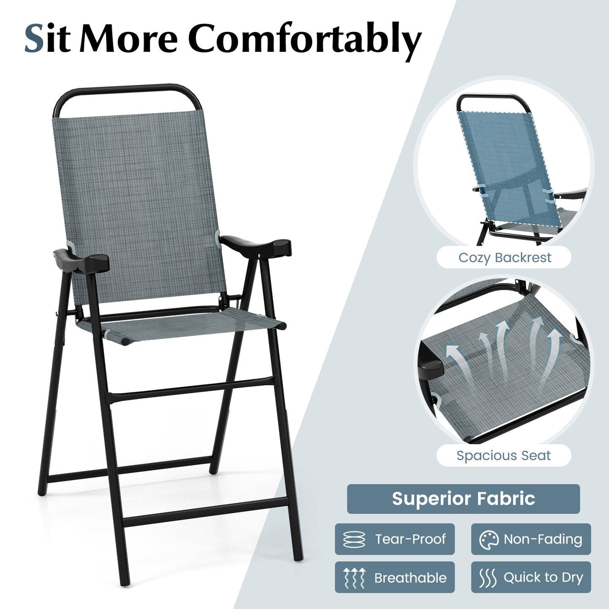Ensemble de 2 tabourets de bar pliants de patio avec cadre en métal et repose-pieds - Bleu