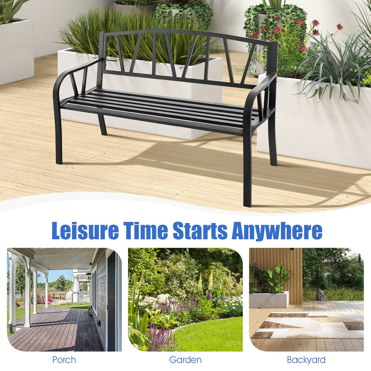 Gartenbank für die Terrasse mit Metallgestell und Lamellensitz – Schwarz