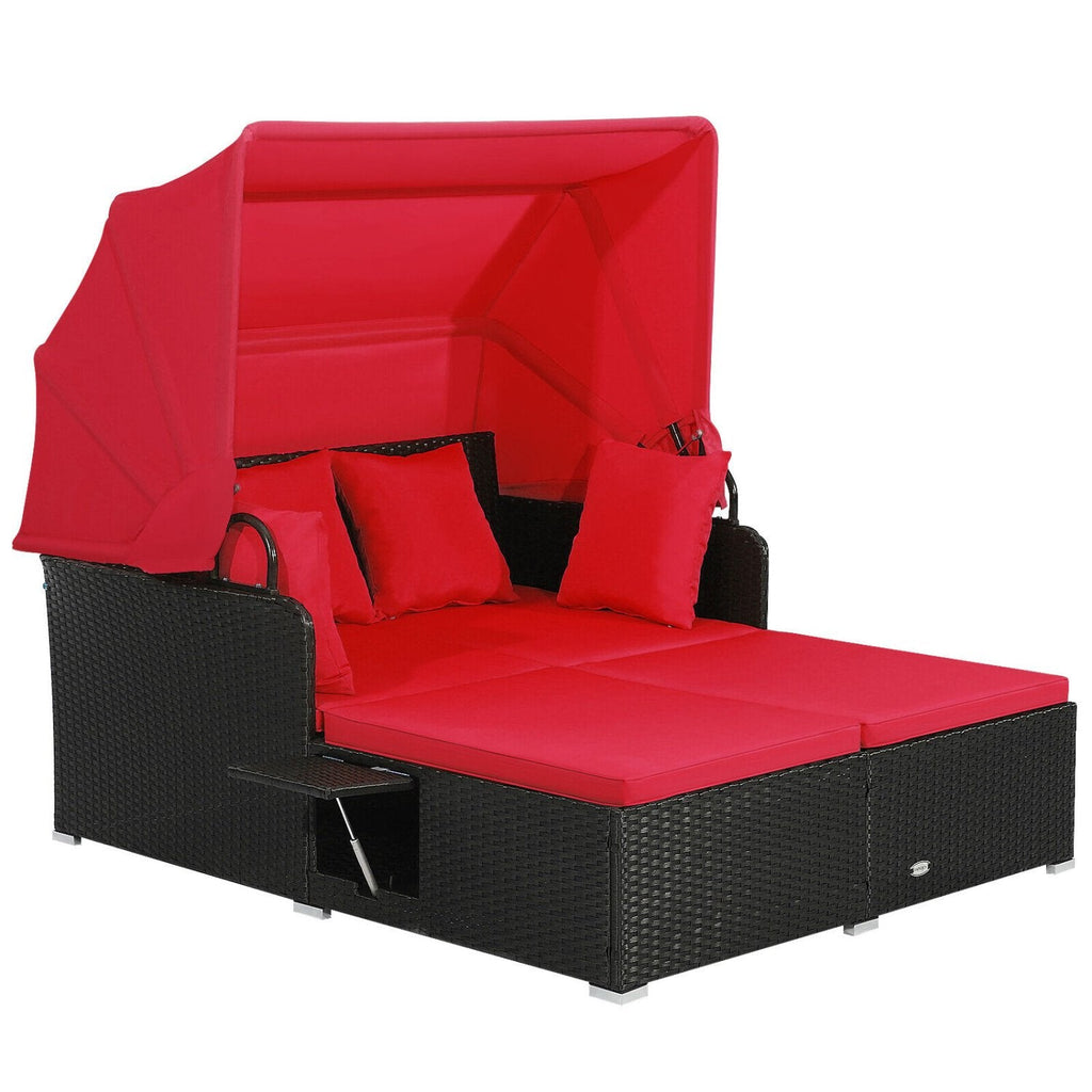 Cama de exterior de ratán con toldo retráctil y bandejas laterales, rojo