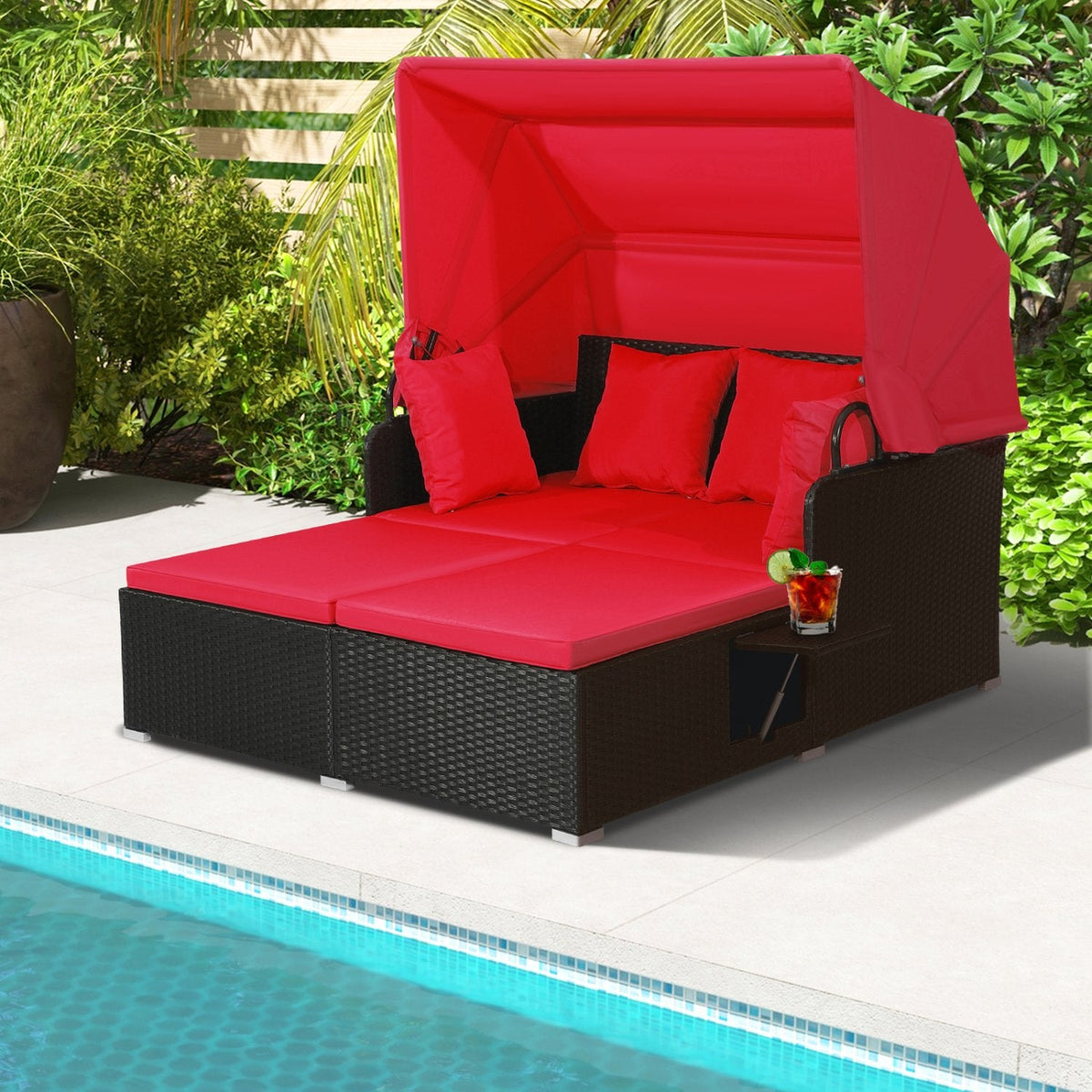Cama de exterior de ratán con toldo retráctil y bandejas laterales, rojo