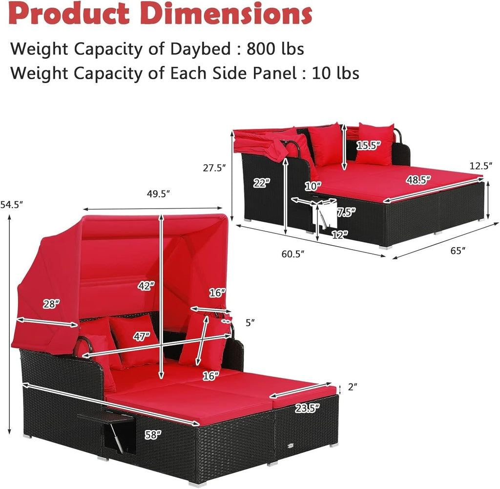 Cama de exterior de ratán con toldo retráctil y bandejas laterales, rojo