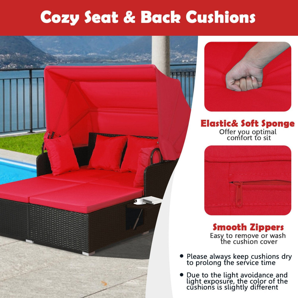 Cama de exterior de ratán con toldo retráctil y bandejas laterales, rojo