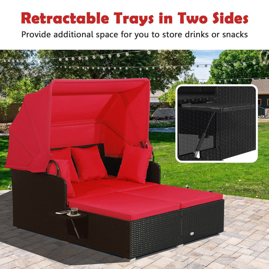 Cama de exterior de ratán con toldo retráctil y bandejas laterales, rojo