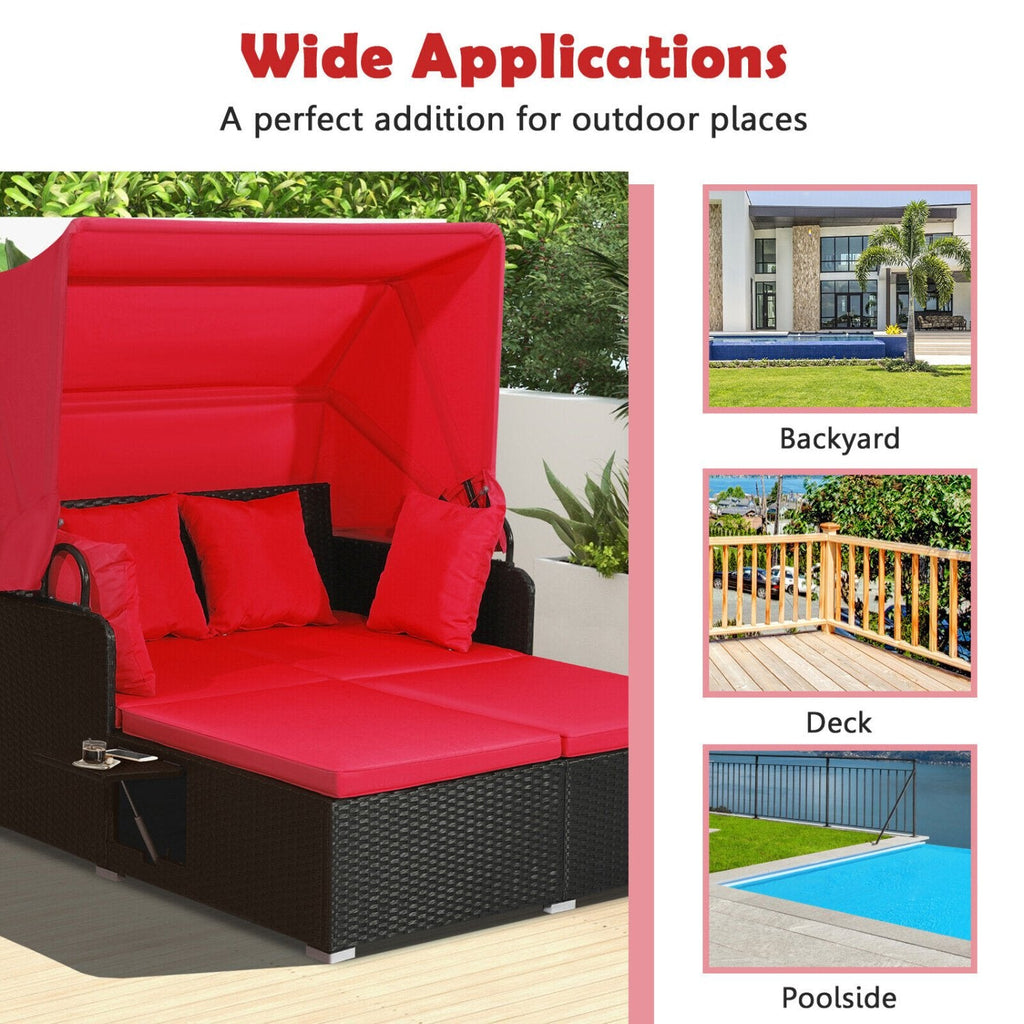 Cama de exterior de ratán con toldo retráctil y bandejas laterales, rojo