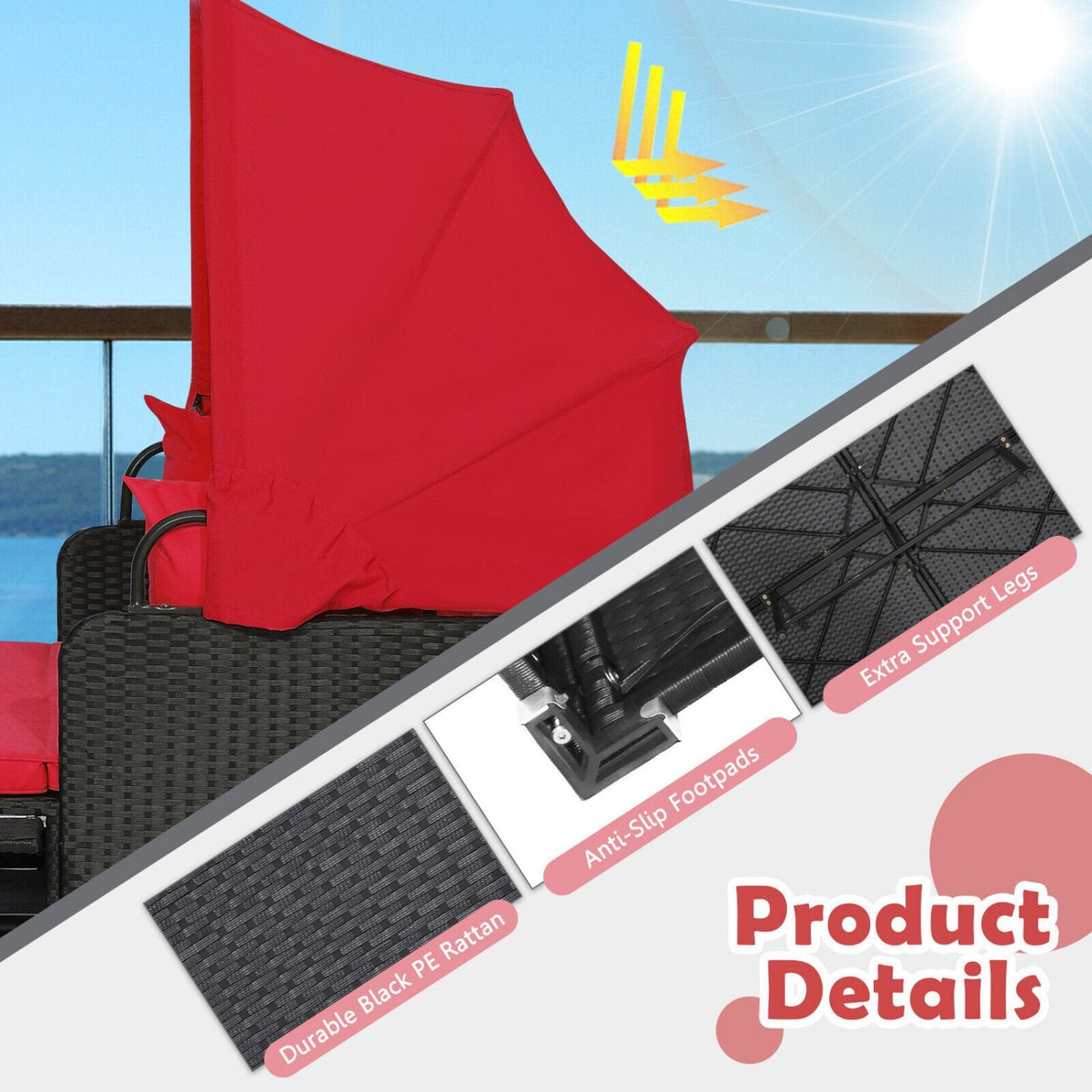 Cama de exterior de ratán con toldo retráctil y bandejas laterales, rojo