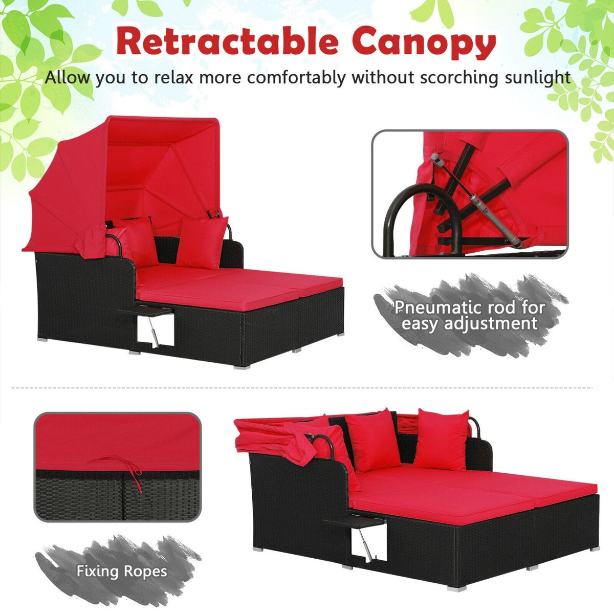 Cama de exterior de ratán con toldo retráctil y bandejas laterales, rojo