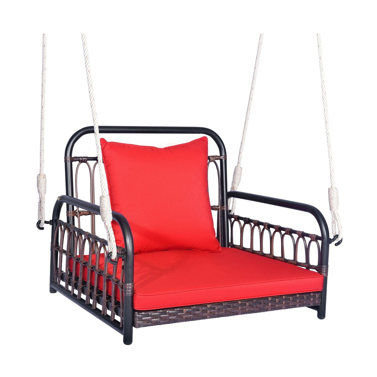 Columpio de ratán para patio o porche con cojín de asiento - Rojo
