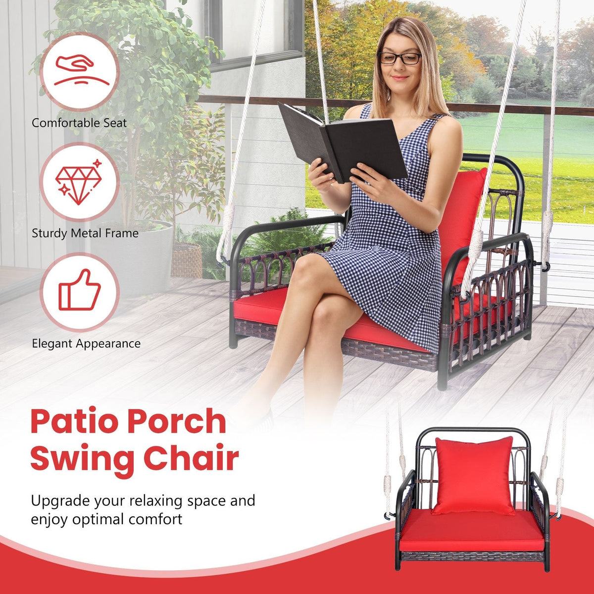 Columpio de ratán para patio o porche con cojín de asiento - Rojo