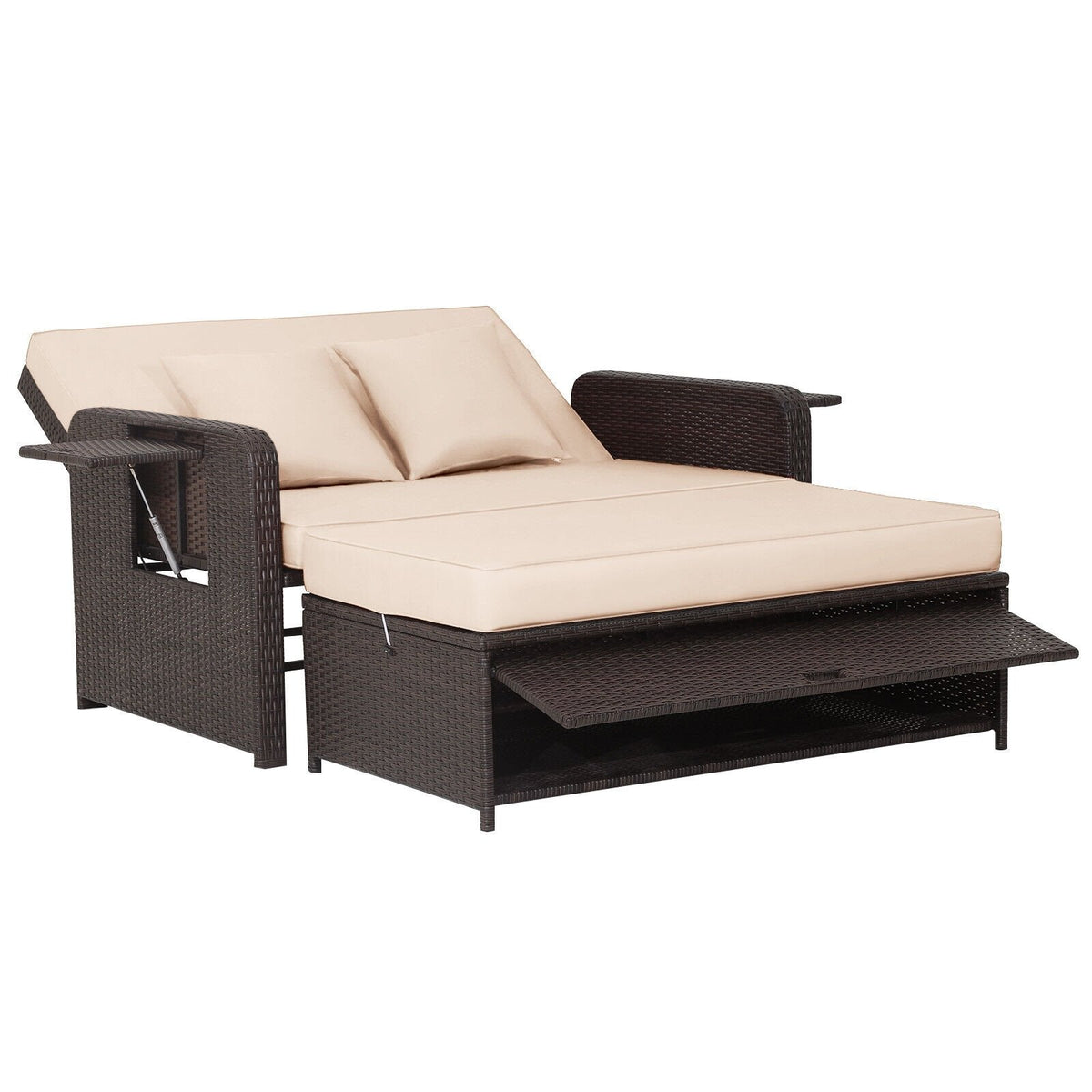 Rattan-Tagesbett mit 4-stufiger Rückenlehne und klappbaren Seitentischen, Braun