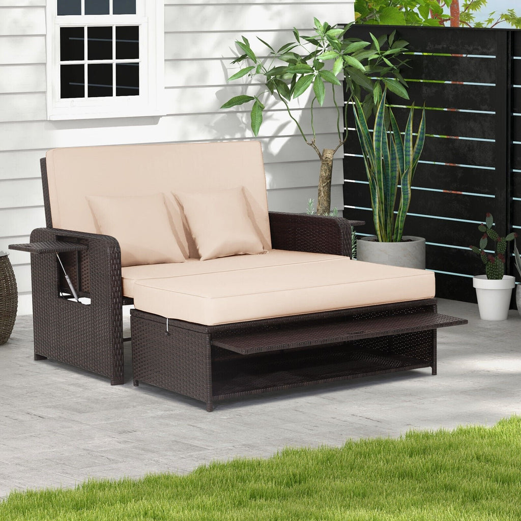 Rattan-Tagesbett mit 4-stufiger Rückenlehne und klappbaren Seitentischen, Braun