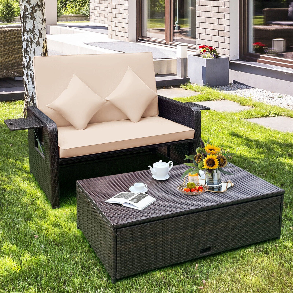 Rattan-Tagesbett mit 4-stufiger Rückenlehne und klappbaren Seitentischen, Braun
