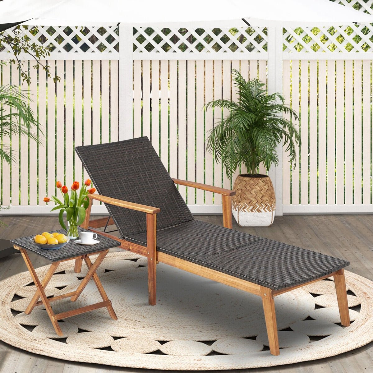 Chaise longue en acacia et osier avec dossier réglable en 4 positions, capacité de 800 lb