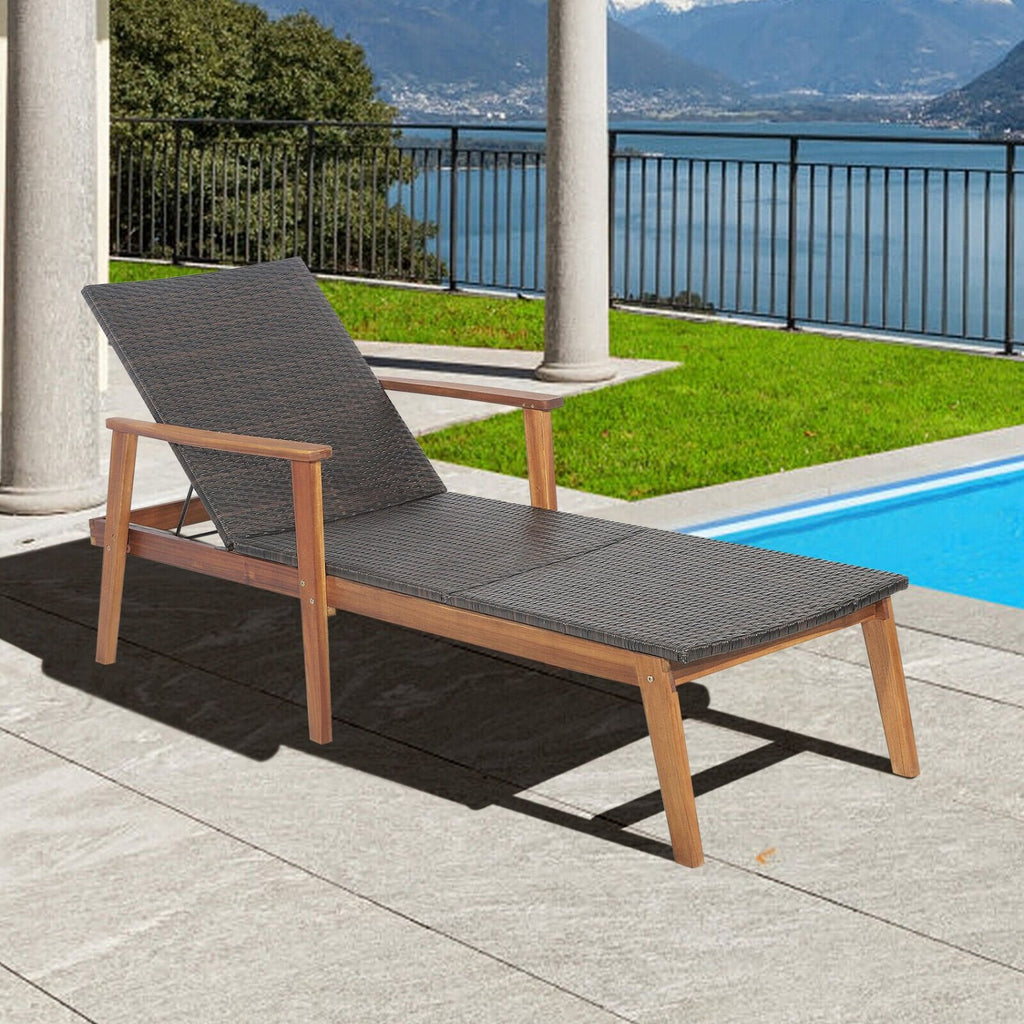 Chaise longue en acacia et osier avec dossier réglable en 4 positions, capacité de 800 lb