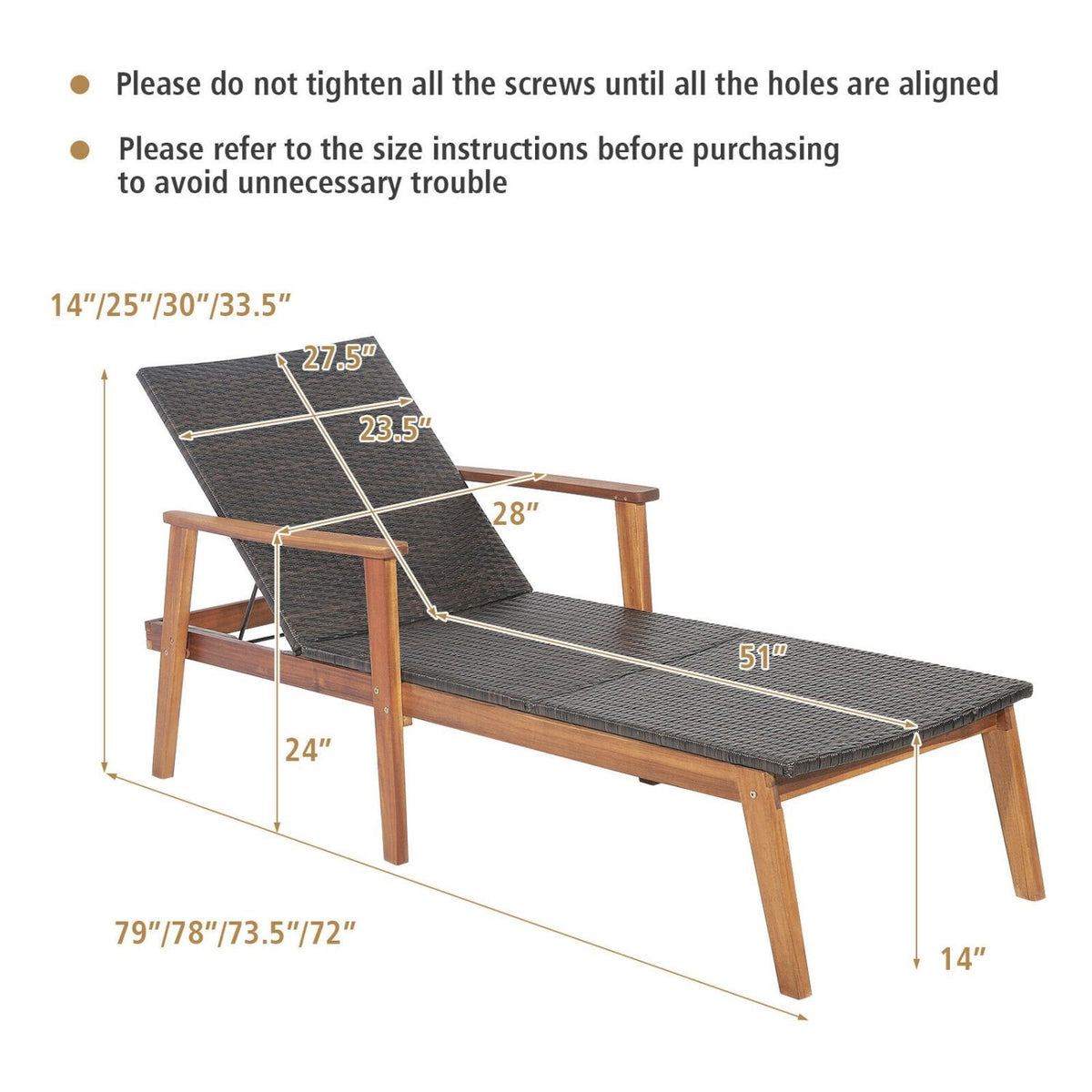 Chaise longue en acacia et osier avec dossier réglable en 4 positions, capacité de 800 lb