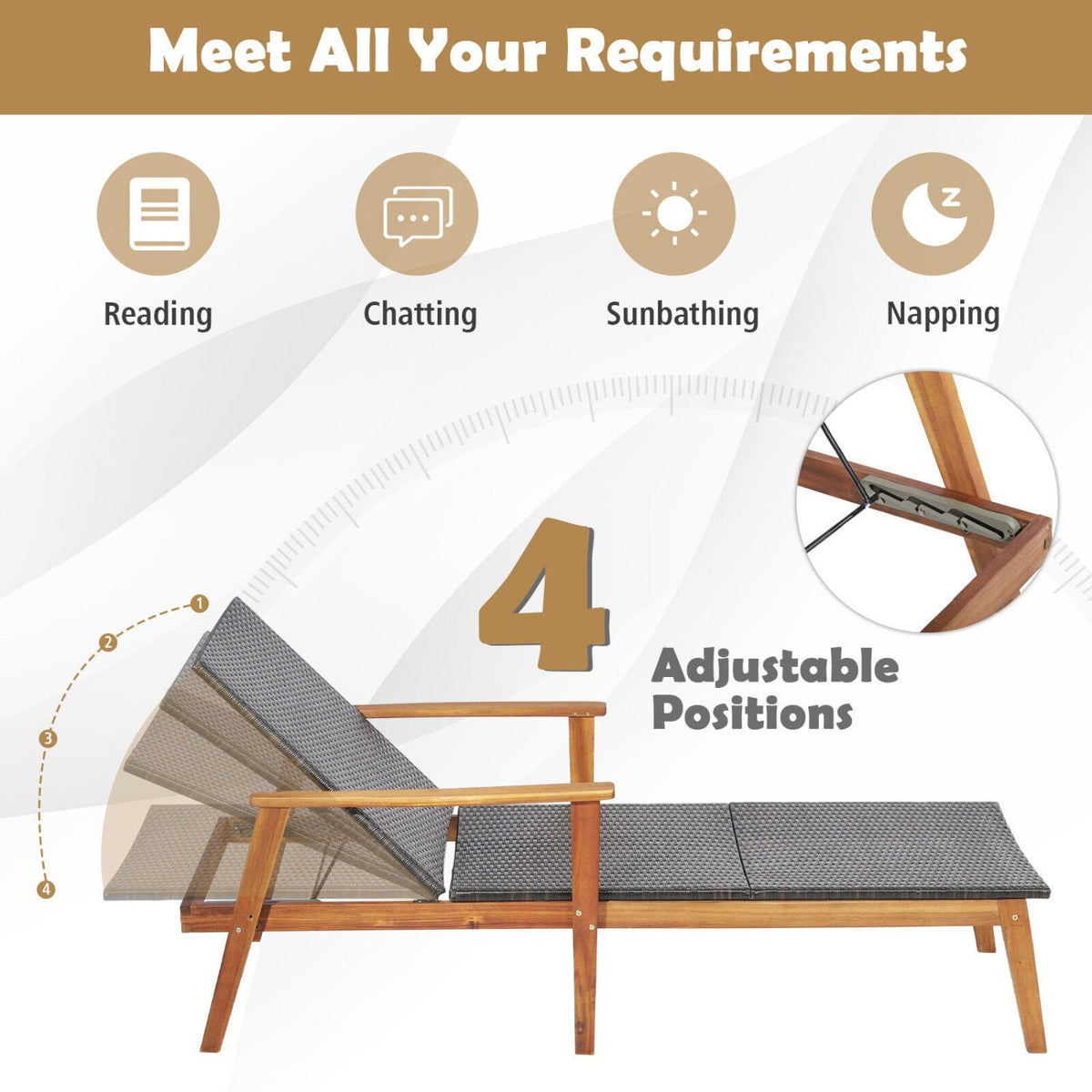 Chaise longue en acacia et osier avec dossier réglable en 4 positions, capacité de 800 lb