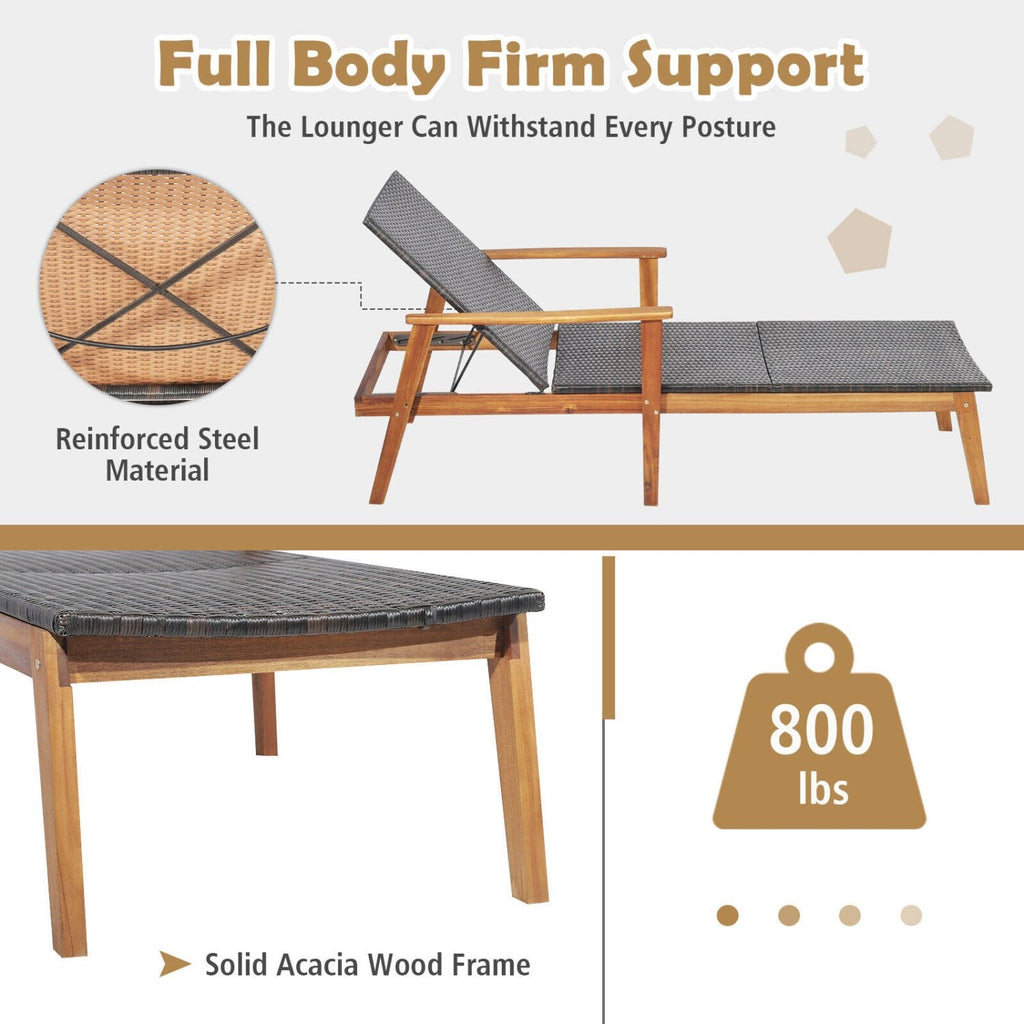 Chaise longue en acacia et osier avec dossier réglable en 4 positions, capacité de 800 lb