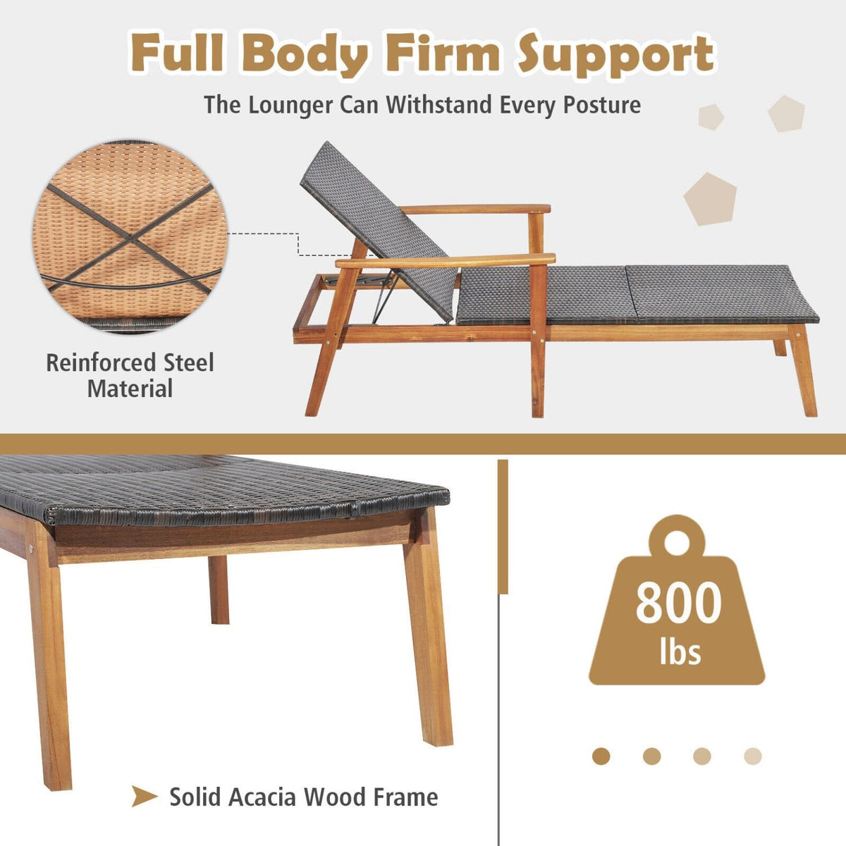 Chaise longue en acacia et osier avec dossier réglable en 4 positions, capacité de 800 lb