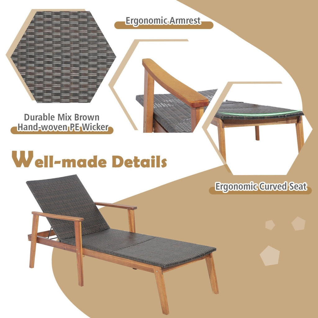 Chaise longue en acacia et osier avec dossier réglable en 4 positions, capacité de 800 lb