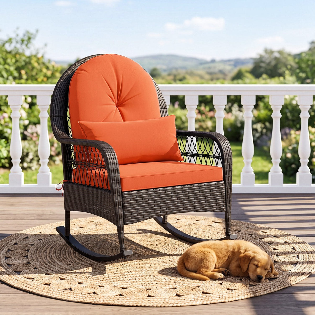 Rattanstuhl mit Sitzlehne und Nierenkissen – Rot