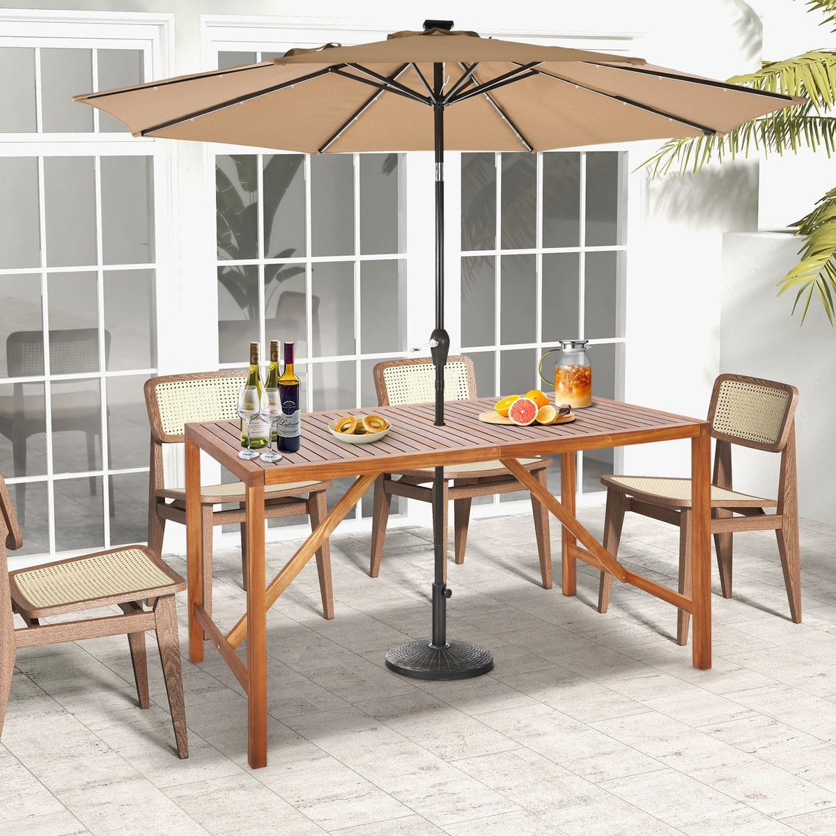 Mesa de comedor rectangular de madera de acacia para patio de 170 cm con agujero para sombrilla