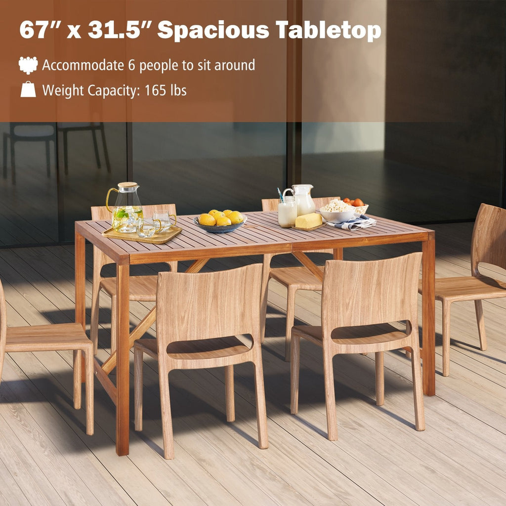 Mesa de comedor rectangular de madera de acacia para patio de 170 cm con agujero para sombrilla