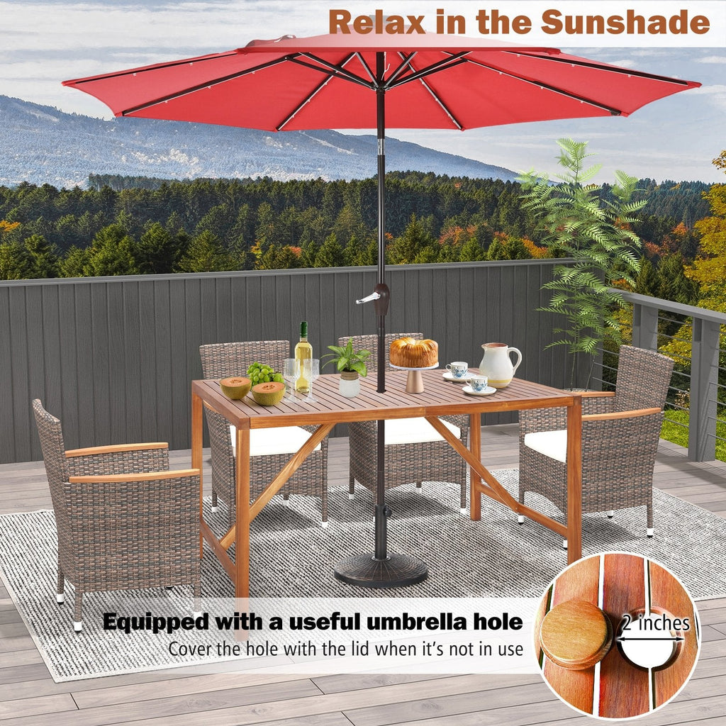 Mesa de comedor rectangular de madera de acacia para patio de 170 cm con agujero para sombrilla