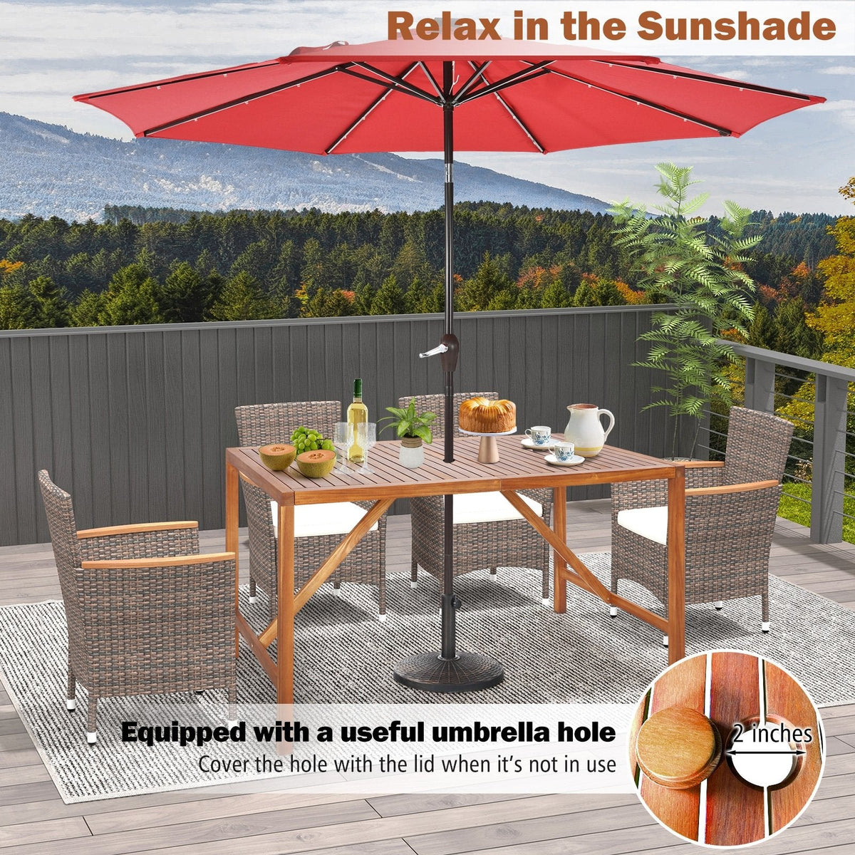 Mesa de comedor rectangular de madera de acacia para patio de 170 cm con agujero para sombrilla
