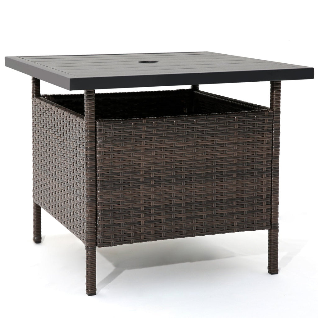 Mesa auxiliar cuadrada de mimbre para patio con agujero para sombrilla para jardín o piscina