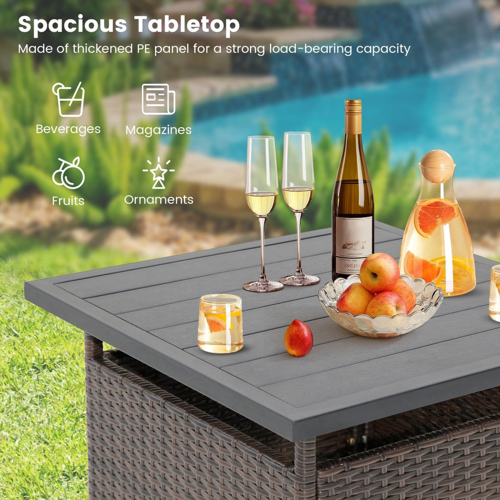 Mesa auxiliar cuadrada de mimbre para patio con agujero para sombrilla para jardín o piscina