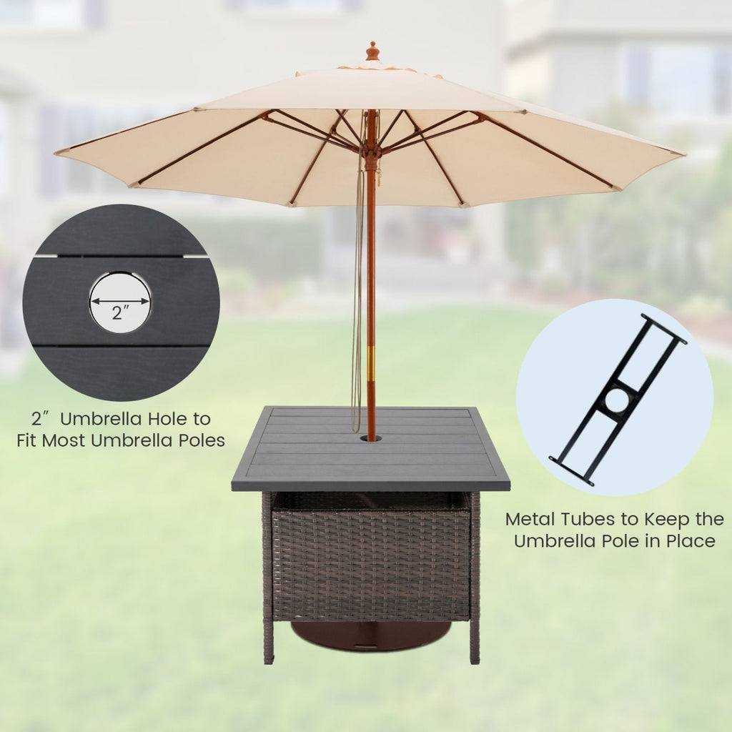 Mesa auxiliar cuadrada de mimbre para patio con agujero para sombrilla para jardín o piscina