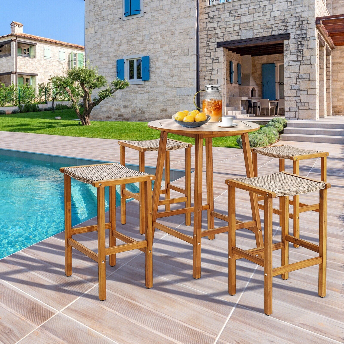 Tabourets de bar en bois pour patio, ensemble de 2/4 pièces - 2 pièces