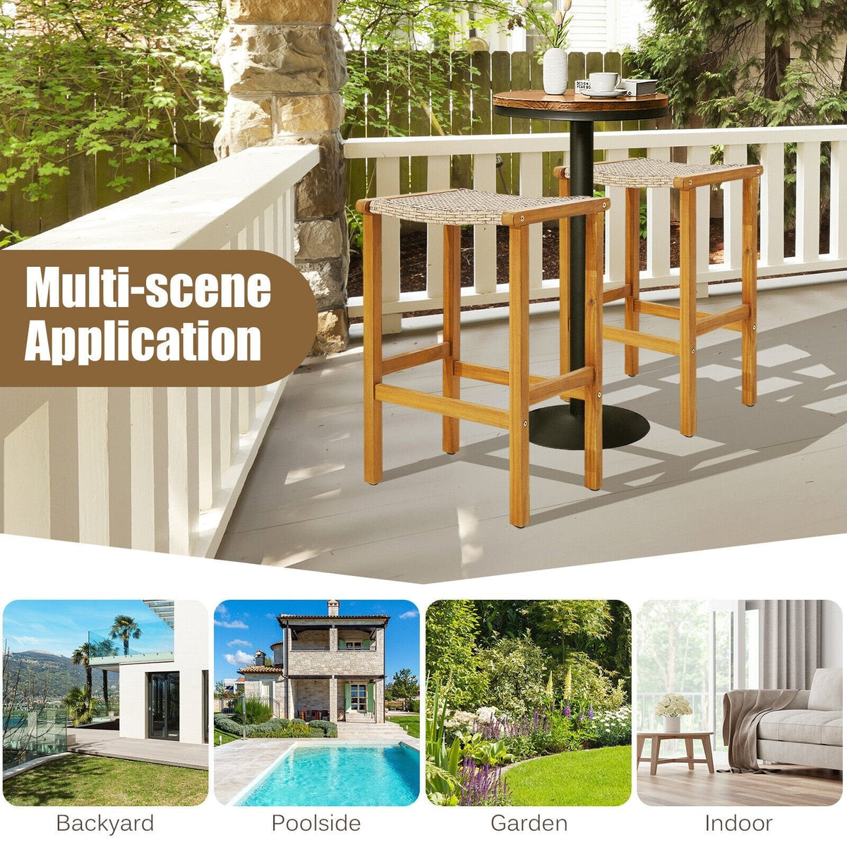 Tabourets de bar en bois pour patio, ensemble de 2/4 pièces - 2 pièces