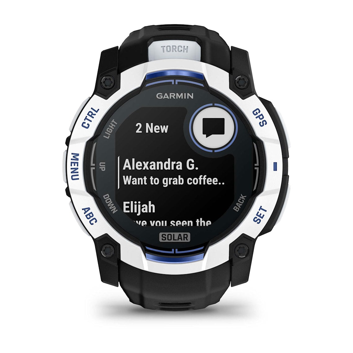 Instinct® 3 – 50 mm, Solar Whitestone con correa en Black/Bolt Blue