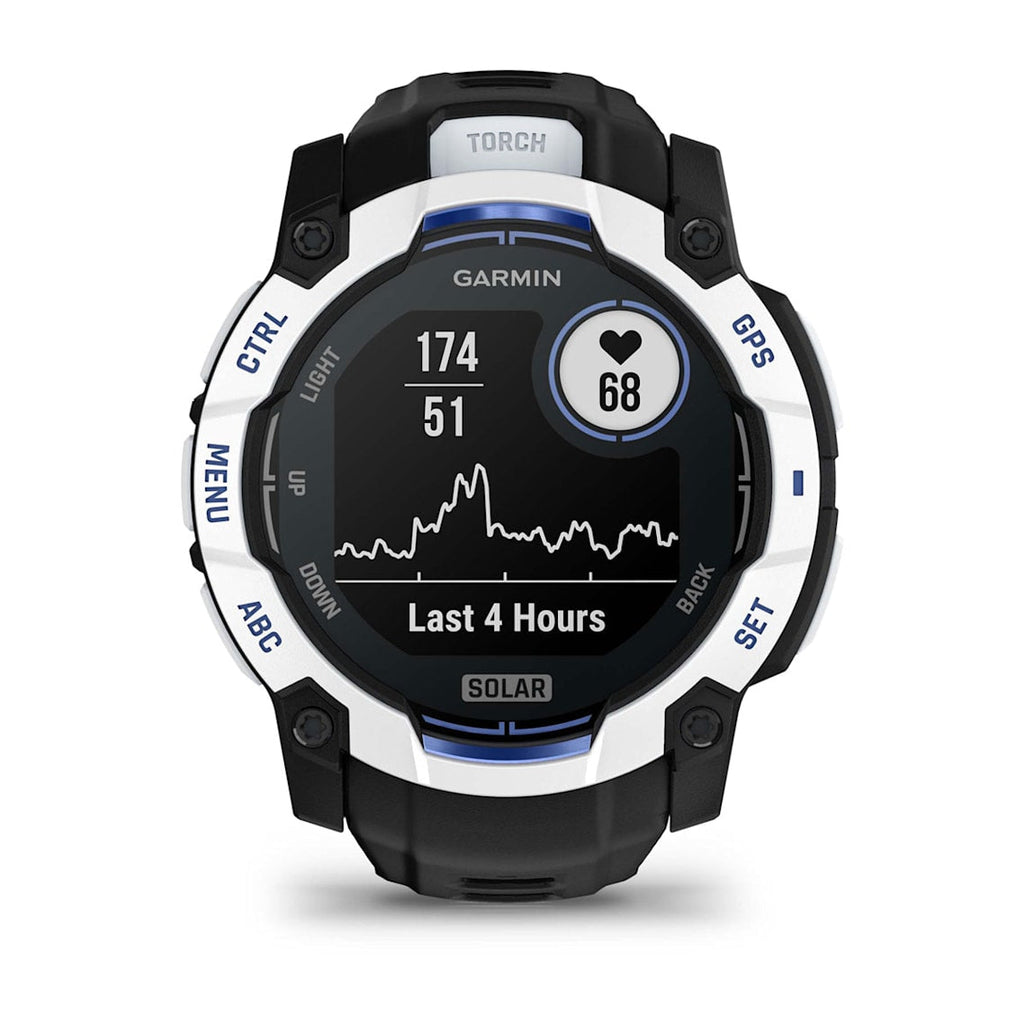 Instinct® 3 – 50 mm, Solar Whitestone con correa en Black/Bolt Blue