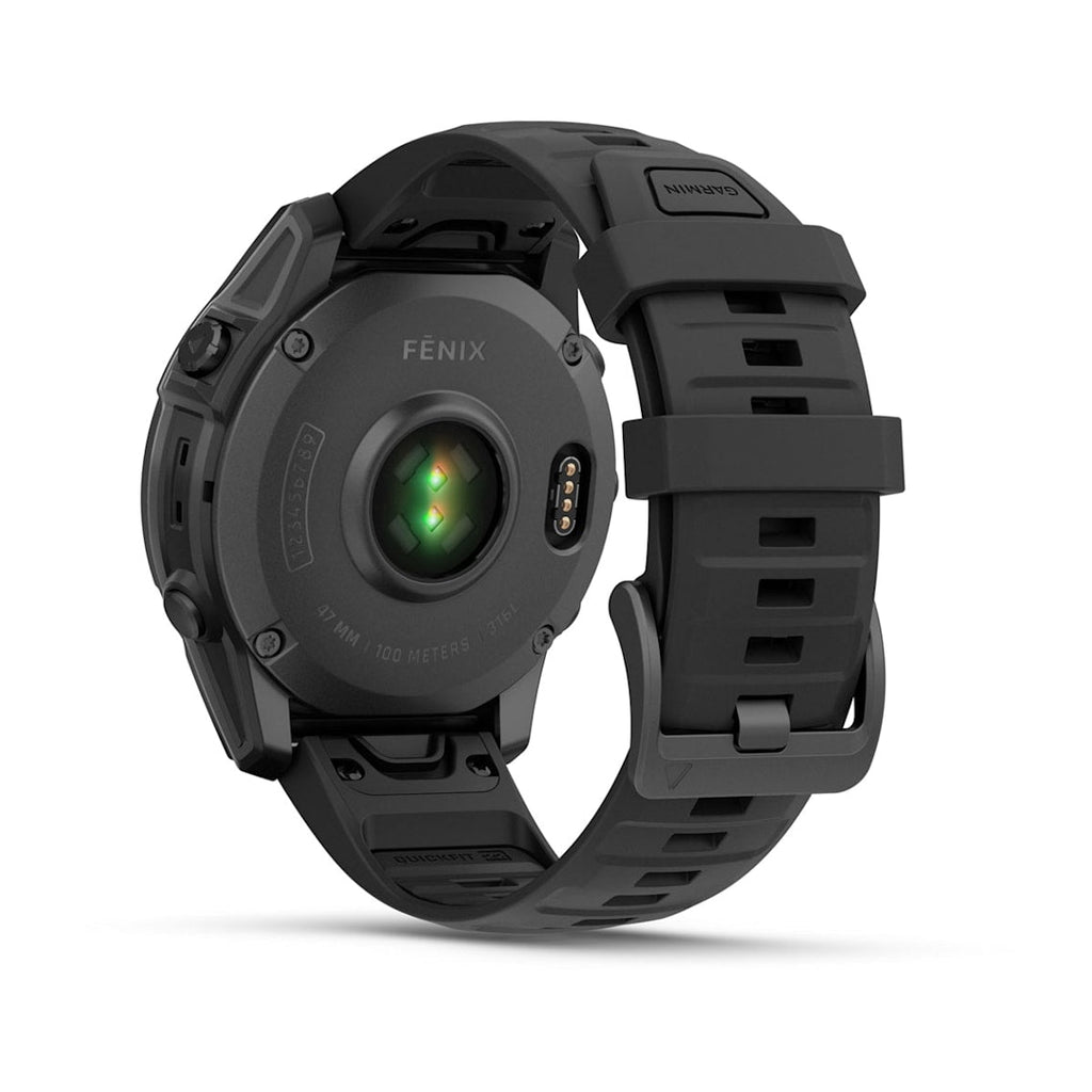 Fēnix® E – 47 mm, AMOLED Gris pizarra acero con correa de silicona negra