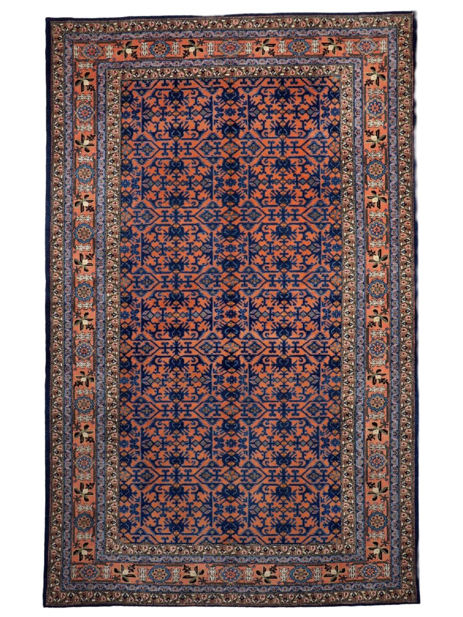Persian Ardabil Rug — Apricot & Indigo Mahi Field | 5'9" × 9'