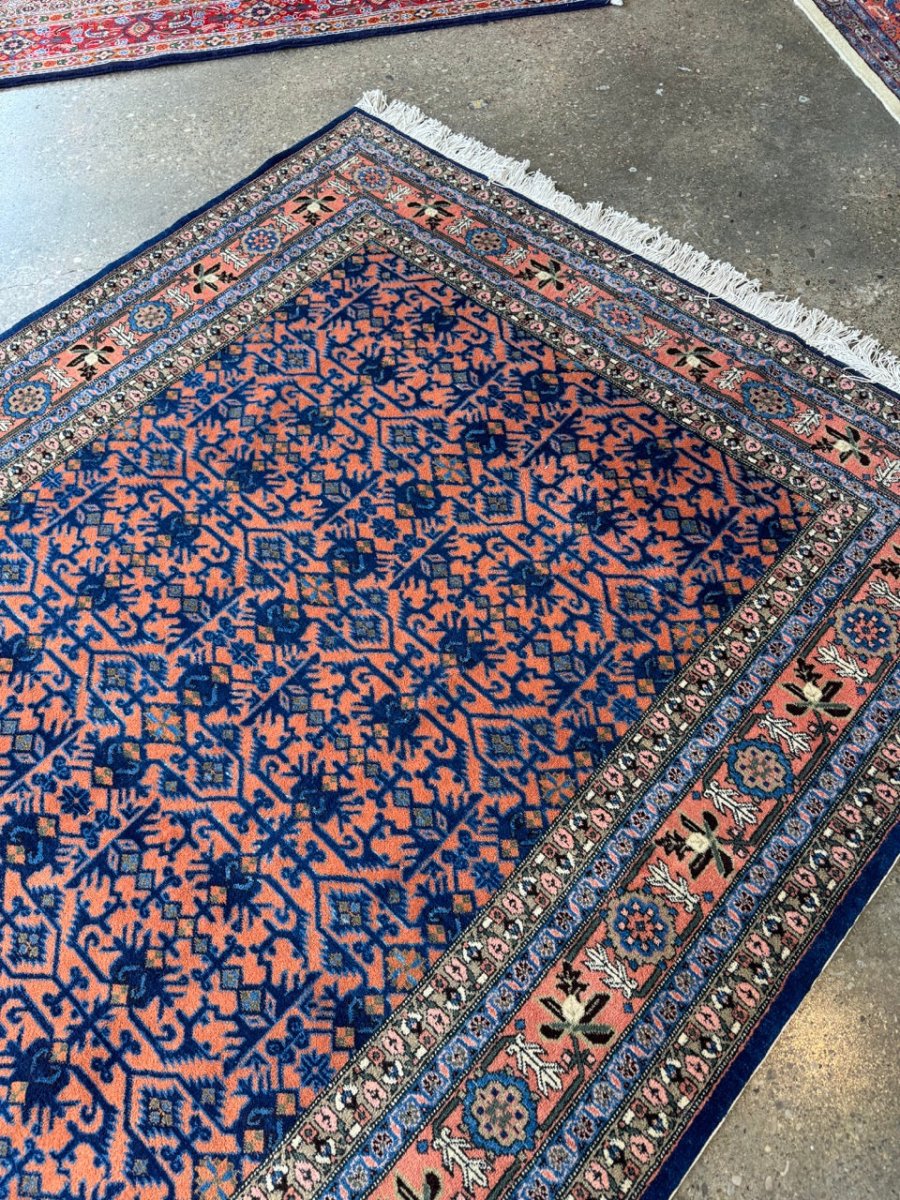 Persian Ardabil Rug — Apricot & Indigo Mahi Field | 5'9" × 9'