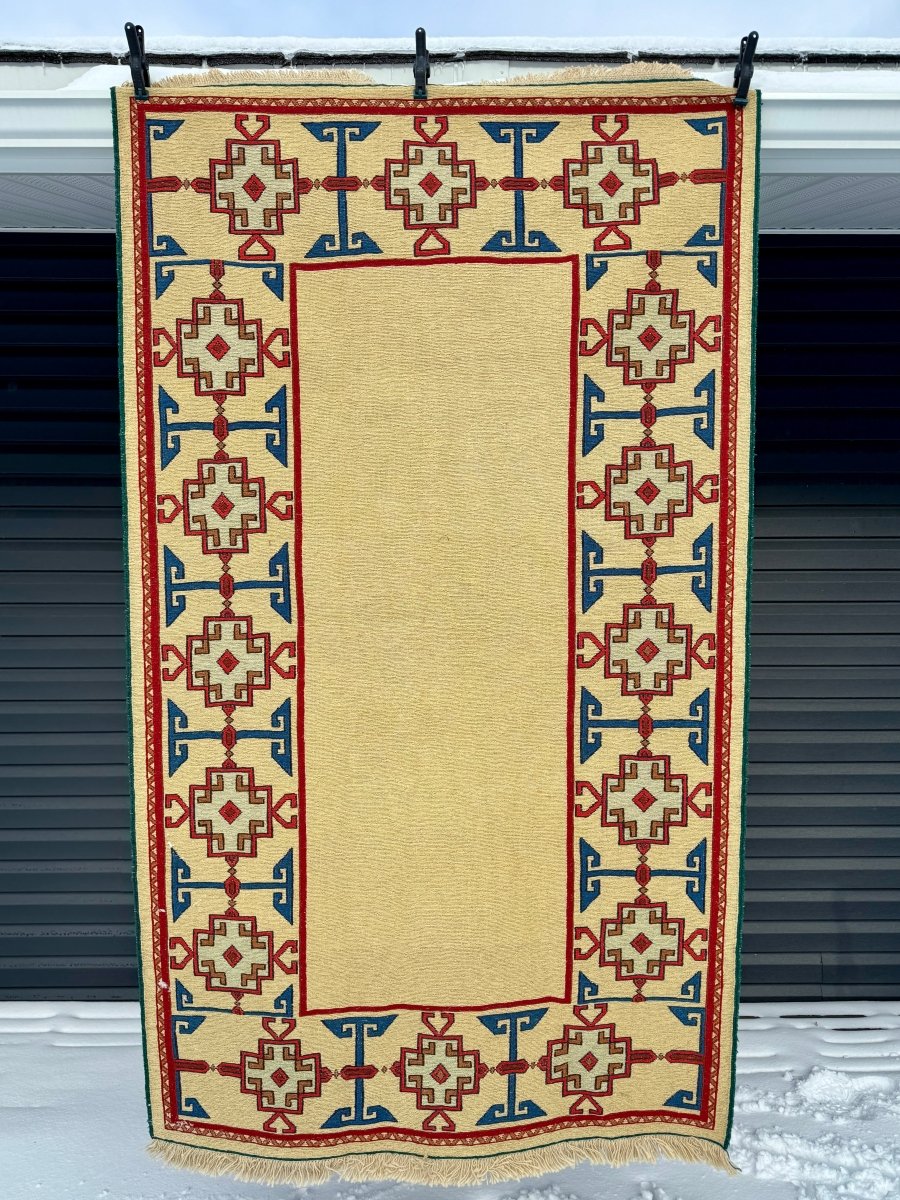 Persian Karadagh Varni Kilim — Golden Ivory & Geometric Border | 3'11" × 6'9"